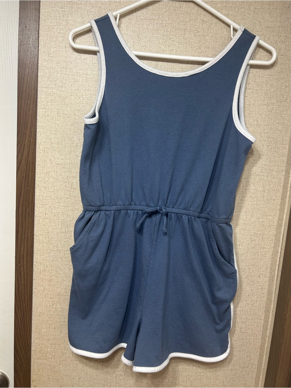 wonder nation Blue Sleeveless Drawstring Romper with White Trim